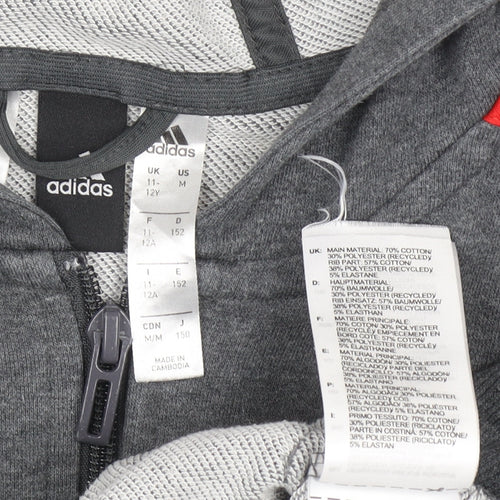 Adidas Boys Grey Full Zip Hoodie 11-12 Years Cotton Blend Red Stripes