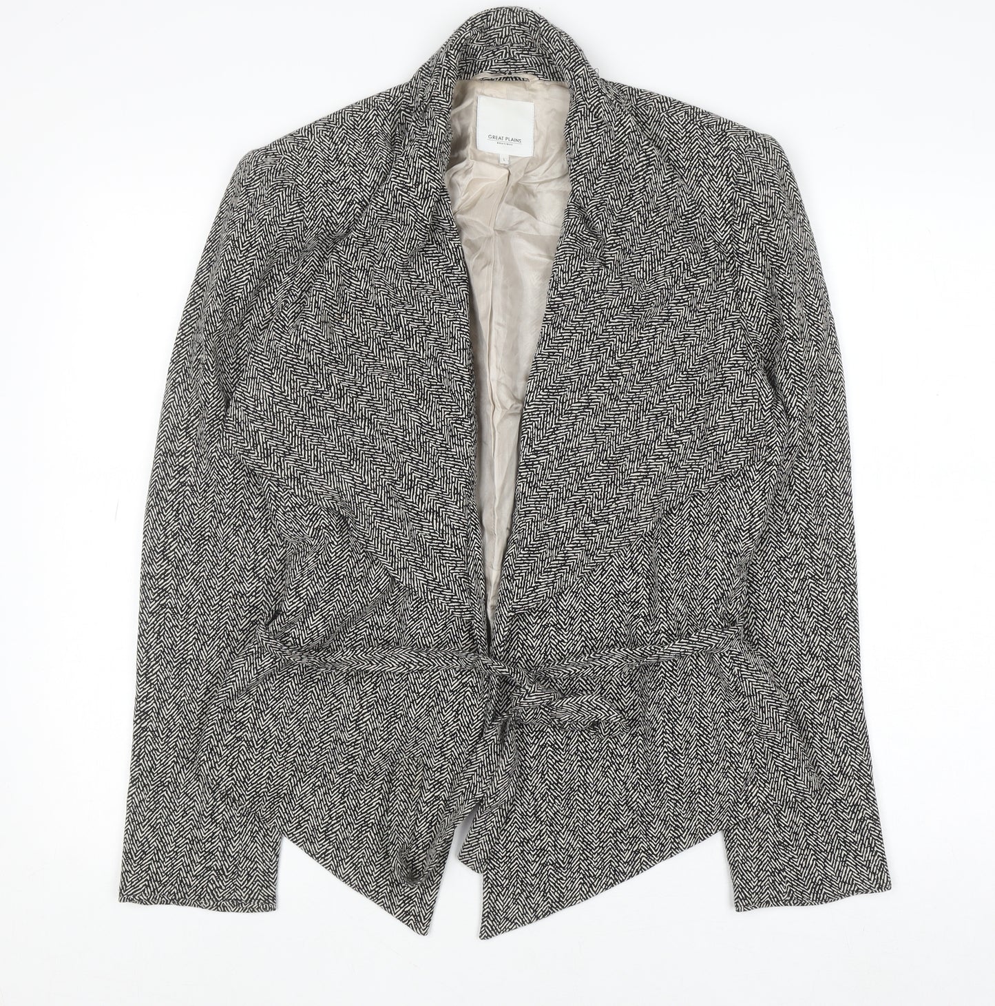 Great Plains Women Grey Herringbone Belted Blazer Lined Jacket L