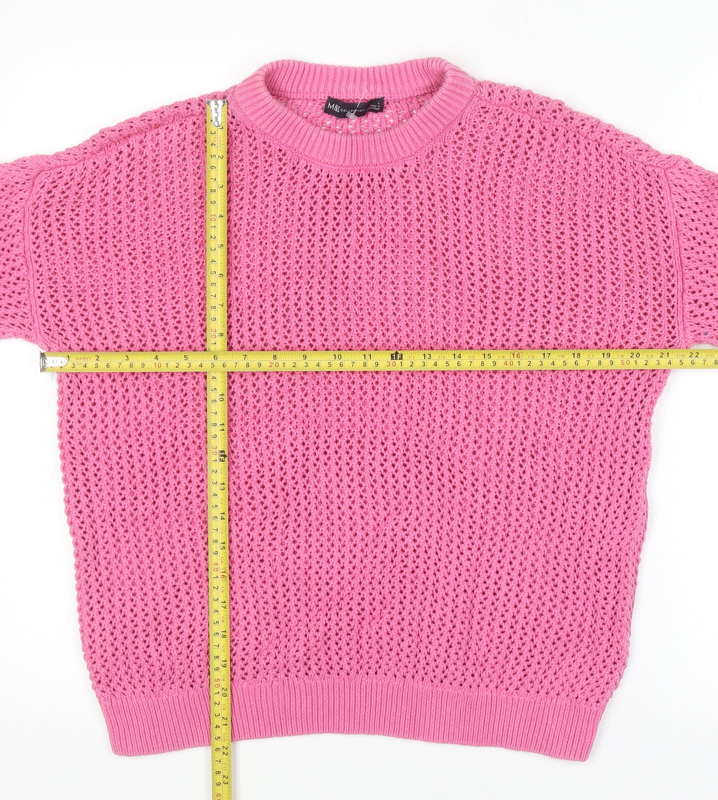 Marks and Spencer Women Pink Open-Knit Cotton Jumper Size L