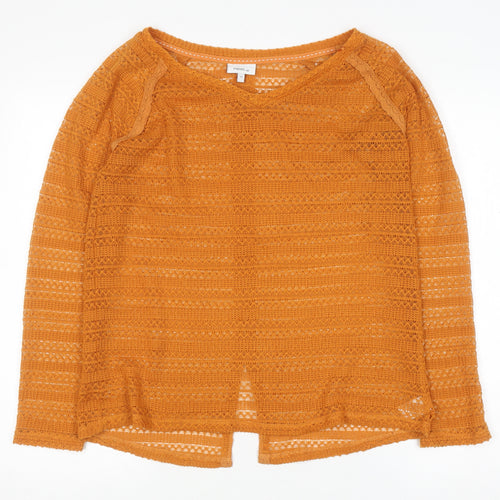 Next Womens Orange V-Neck Open-Knit Pullover Jumper Size 10