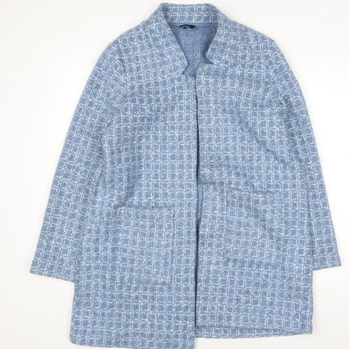 M&Co Women Blue Check Knit Coatigan Size 16 Open Mid-Length Jacket
