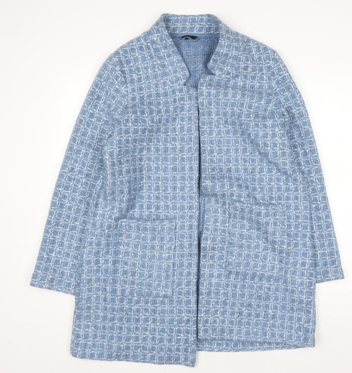 M&Co Women Blue Check Knit Coatigan Size 16 Open Mid-Length Jacket