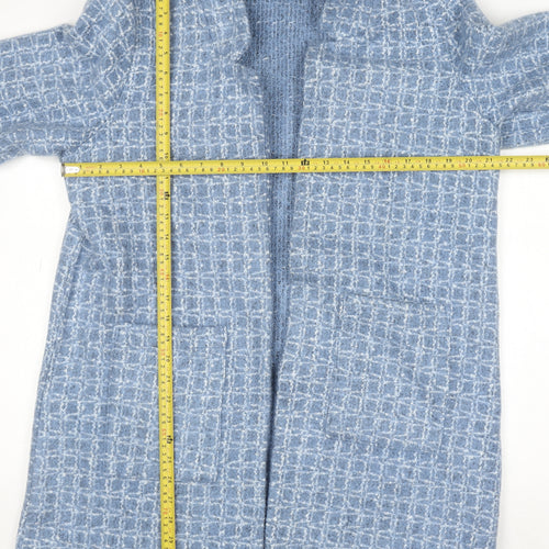 M&Co Women Blue Check Knit Coatigan Size 16 Open Mid-Length Jacket
