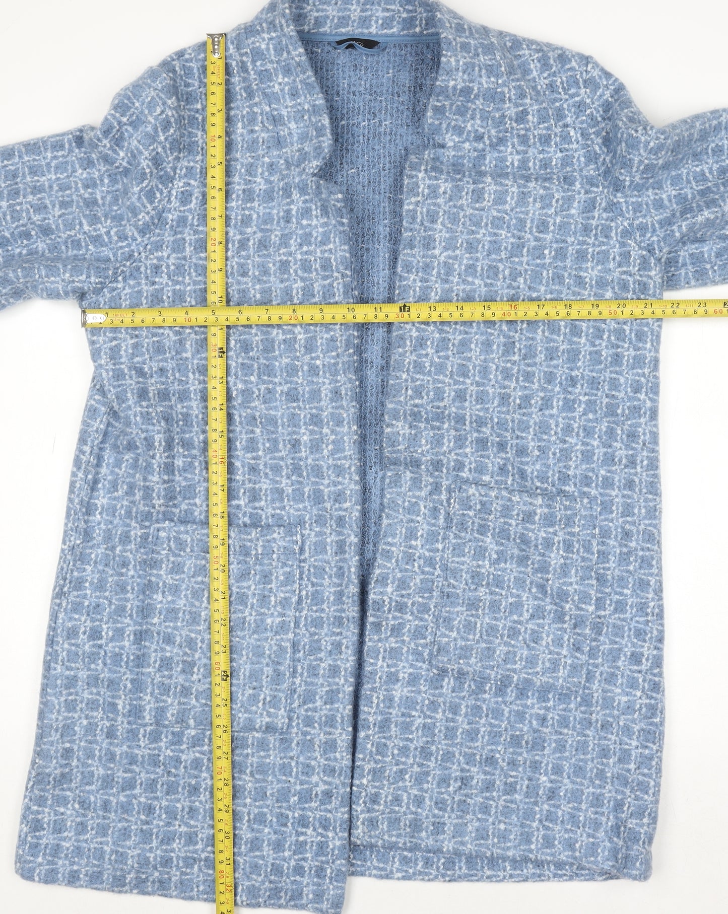 M&Co Women Blue Check Knit Coatigan Size 16 Open Mid-Length Jacket