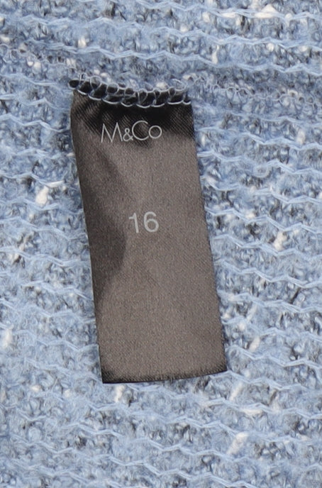 M&Co Women Blue Check Knit Coatigan Size 16 Open Mid-Length Jacket