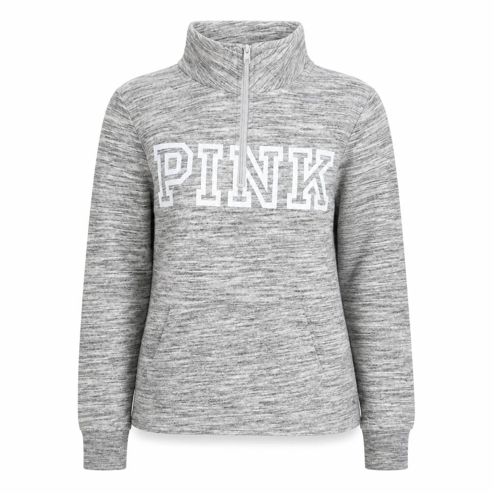 Front view of Victoria’s Secret PINK women’s grey 1/2 zip pullover sweatshirt xs
