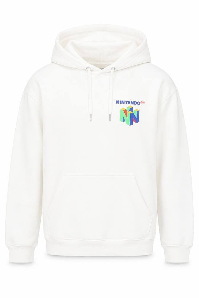 Front view of H&M Men’s White Nintendo 64 Graphic Pullover Hoodie, size S