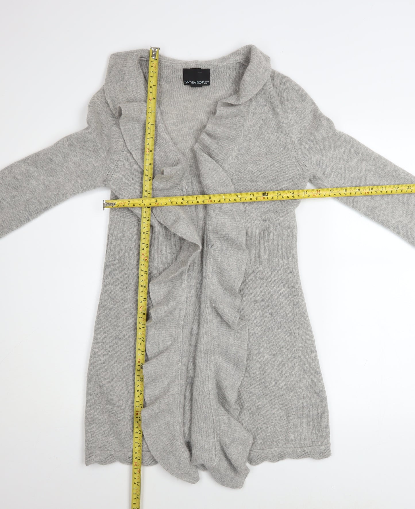 Cynthia Rowley Women Grey Wool Angora Ruffle Cardigan M