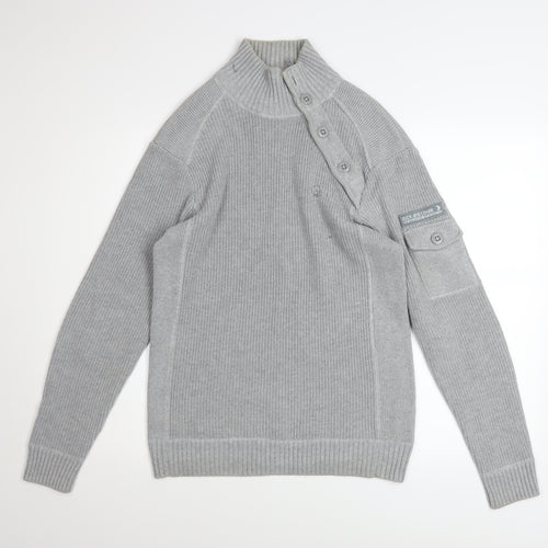 Duck and Cover Mens Grey High Neck Button Pullover Jumper L