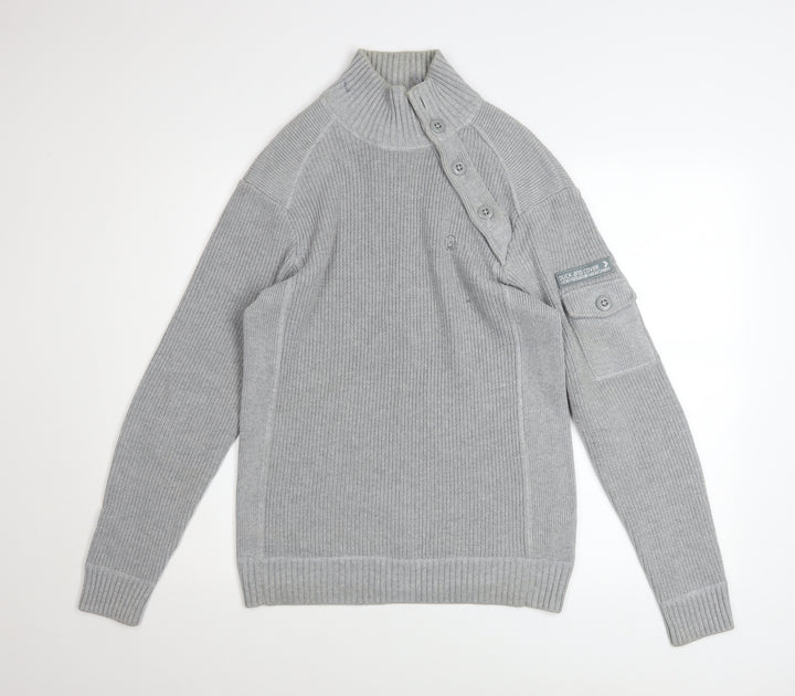 Duck and Cover Mens Grey High Neck Button Pullover Jumper L