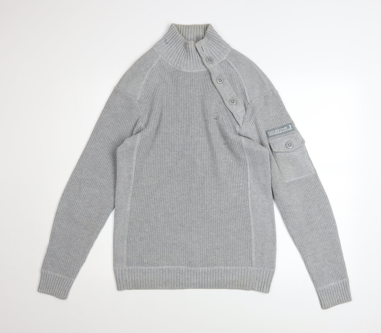 Duck and Cover Mens Grey High Neck Button Pullover Jumper L