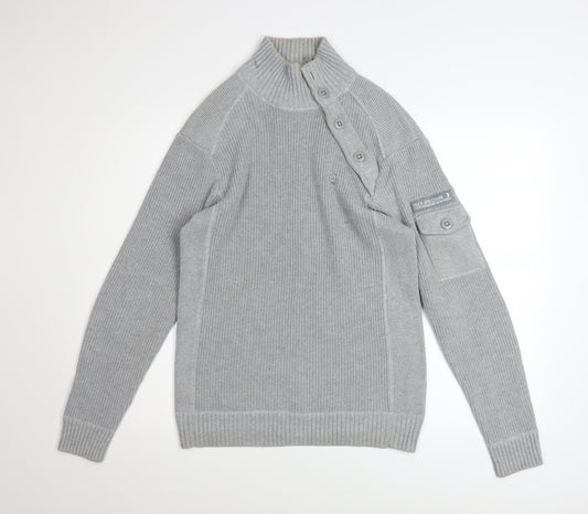 Duck and Cover Mens Grey High Neck Button Pullover Jumper L