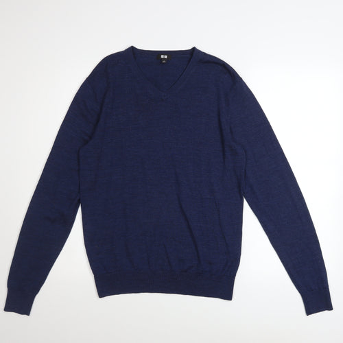 Uniqlo Men Blue Wool V-Neck Long Sleeve Pullover Jumper Size S