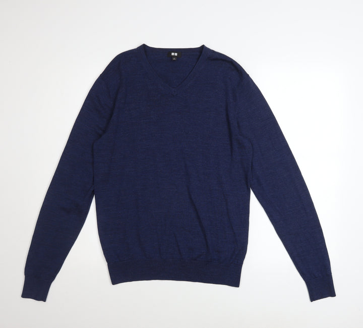 Uniqlo Men Blue Wool V-Neck Long Sleeve Pullover Jumper Size S