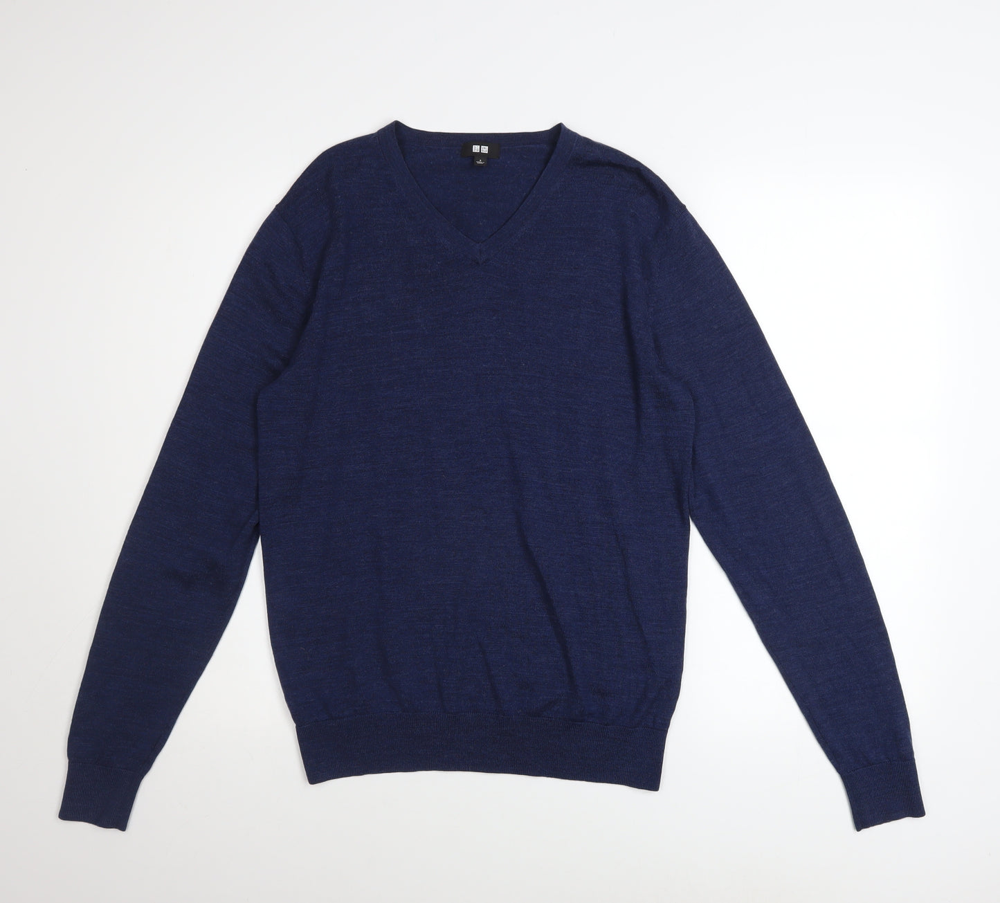 Uniqlo Men Blue Wool V-Neck Long Sleeve Pullover Jumper Size S