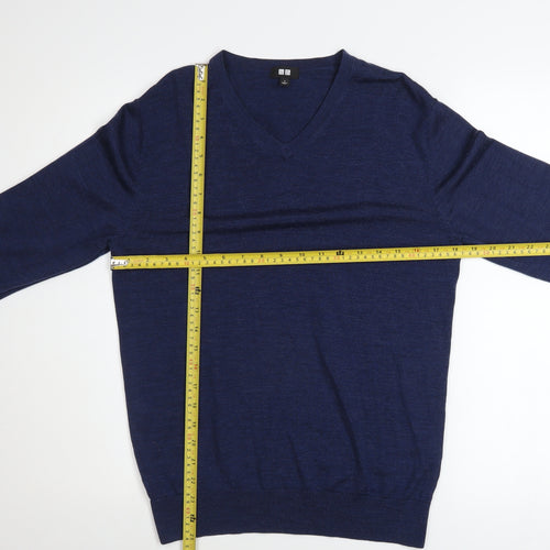 Uniqlo Men Blue Wool V-Neck Long Sleeve Pullover Jumper Size S