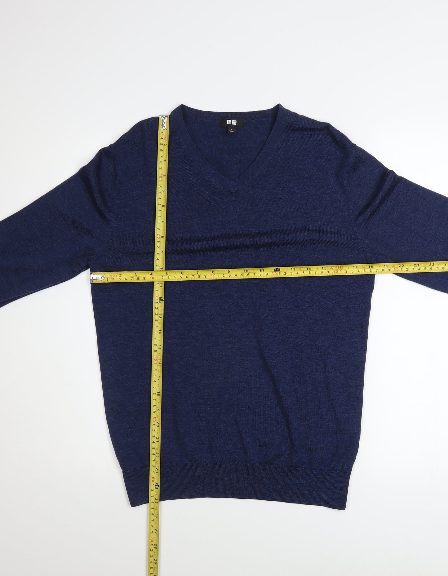 Uniqlo Men Blue Wool V-Neck Long Sleeve Pullover Jumper Size S