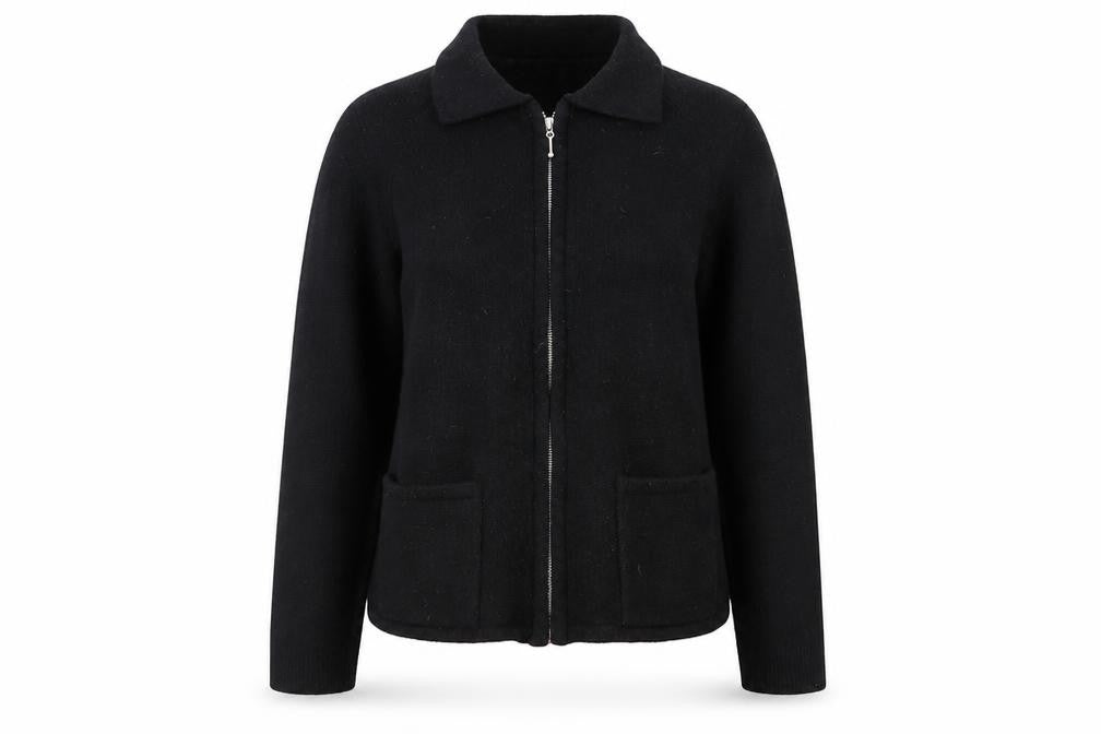 Front view of Kaliko women’s black wool blend zip jacket, size UK 12, classic knit