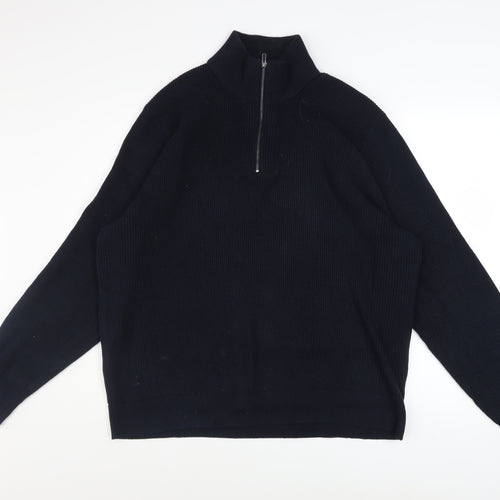 Marks and Spencer Men's Black 2XL Half Zip High Neck Cotton Blend Jumper