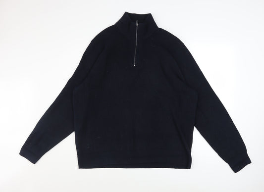 Marks and Spencer Men's Black 2XL Half Zip High Neck Cotton Blend Jumper