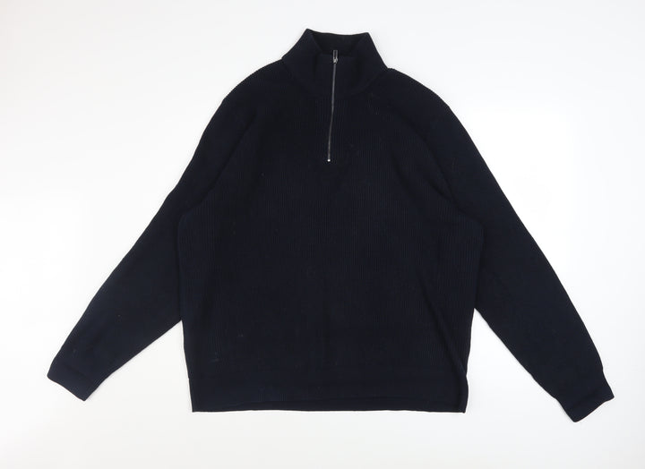 Marks and Spencer Men's Black 2XL Half Zip High Neck Cotton Blend Jumper