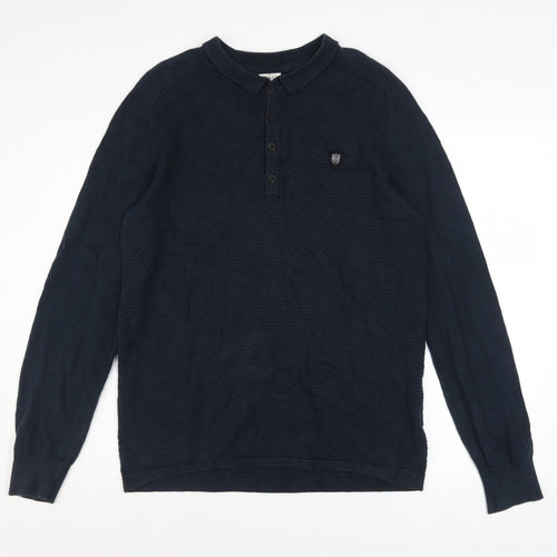 883 Police Men Blue Cotton Collared Henley Jumper Size L