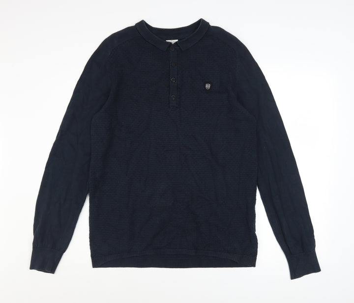 883 Police Men Blue Cotton Collared Henley Jumper Size L