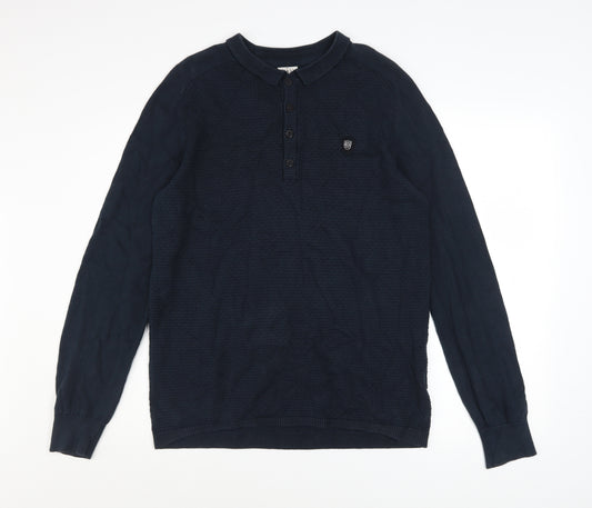 883 Police Men Blue Cotton Collared Henley Jumper Size L