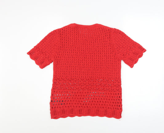 Marks and Spencer Women Red Crochet Knit Short Sleeve Top Size S