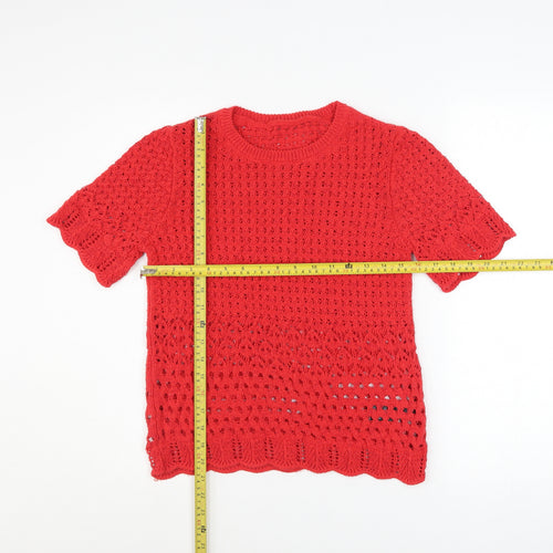Marks and Spencer Women Red Crochet Knit Short Sleeve Top Size S