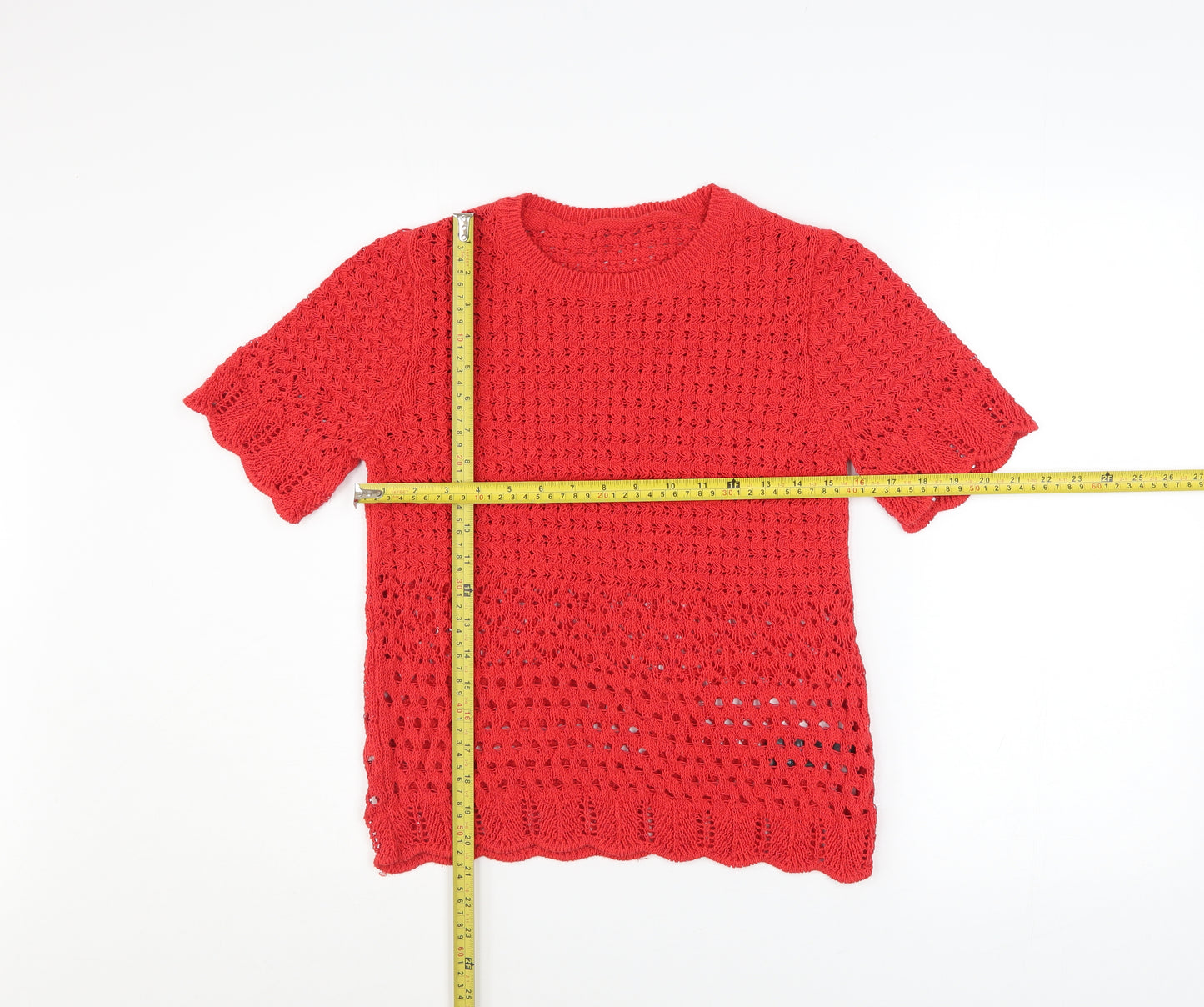 Marks and Spencer Women Red Crochet Knit Short Sleeve Top Size S
