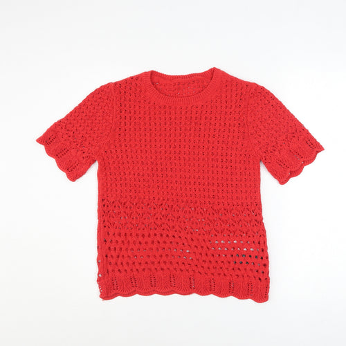 Marks and Spencer Women Red Crochet Knit Short Sleeve Top Size S