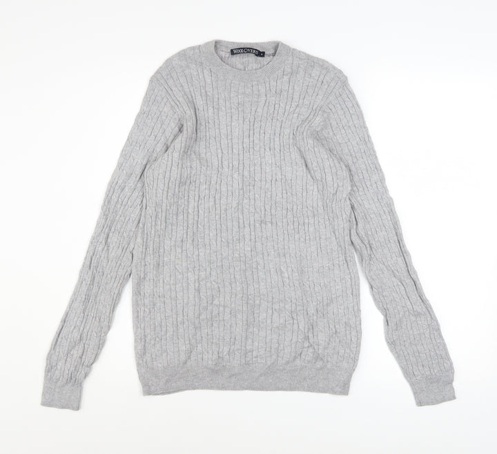 WoolOvers Mens Grey Cable-Knit Cotton Cashmere Jumper Size S