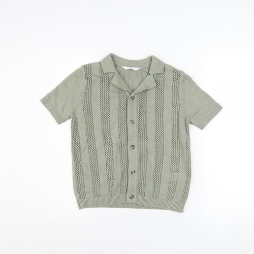 Marks and Spencer Boys Green 8-9 Years Cotton Button-Up Knit Shirt