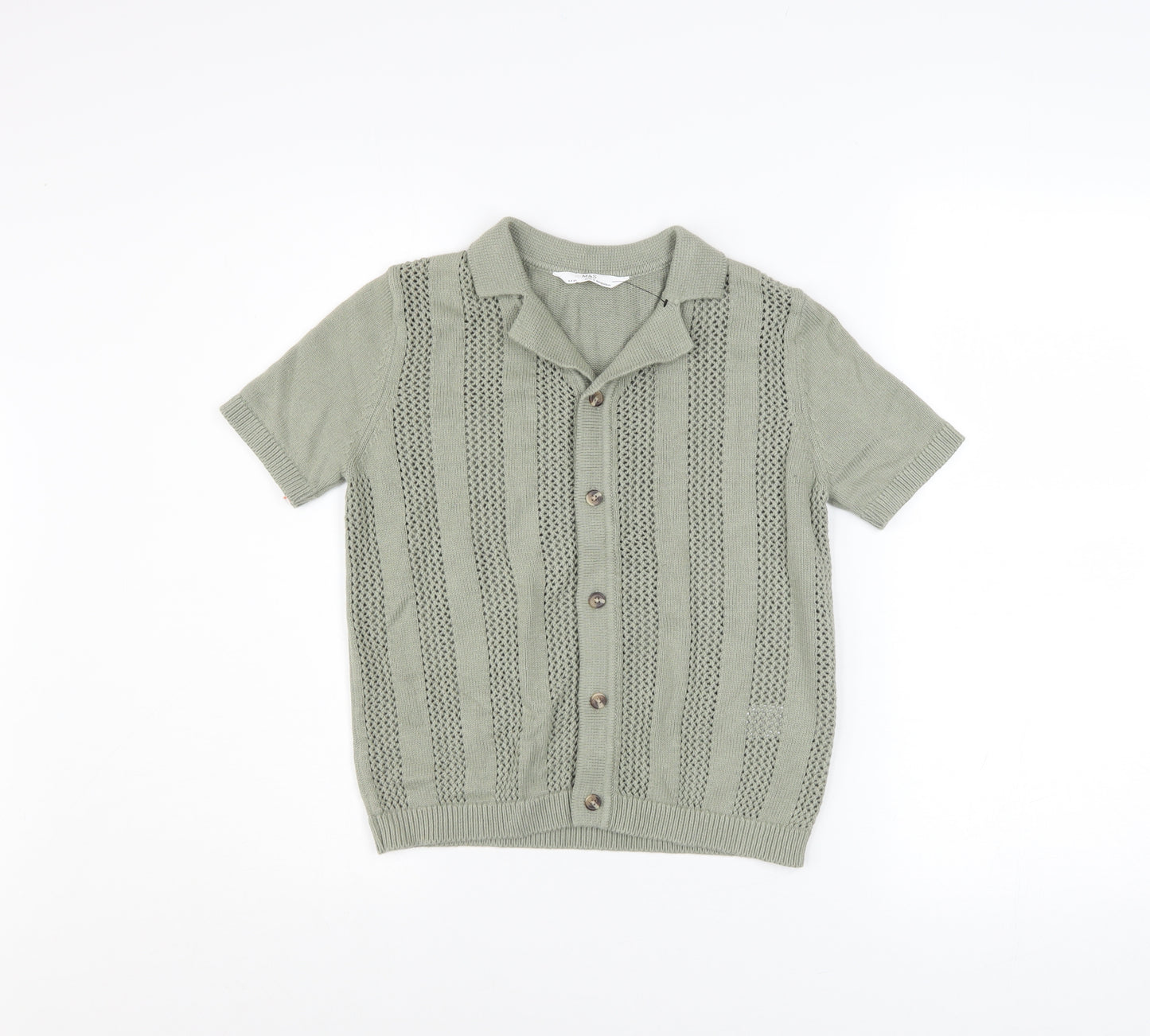 Marks and Spencer Boys Green 8-9 Years Cotton Button-Up Knit Shirt