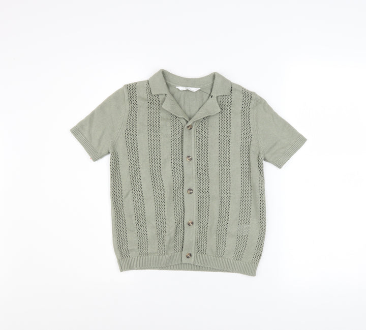 Marks and Spencer Boys Green 8-9 Years Cotton Button-Up Knit Shirt
