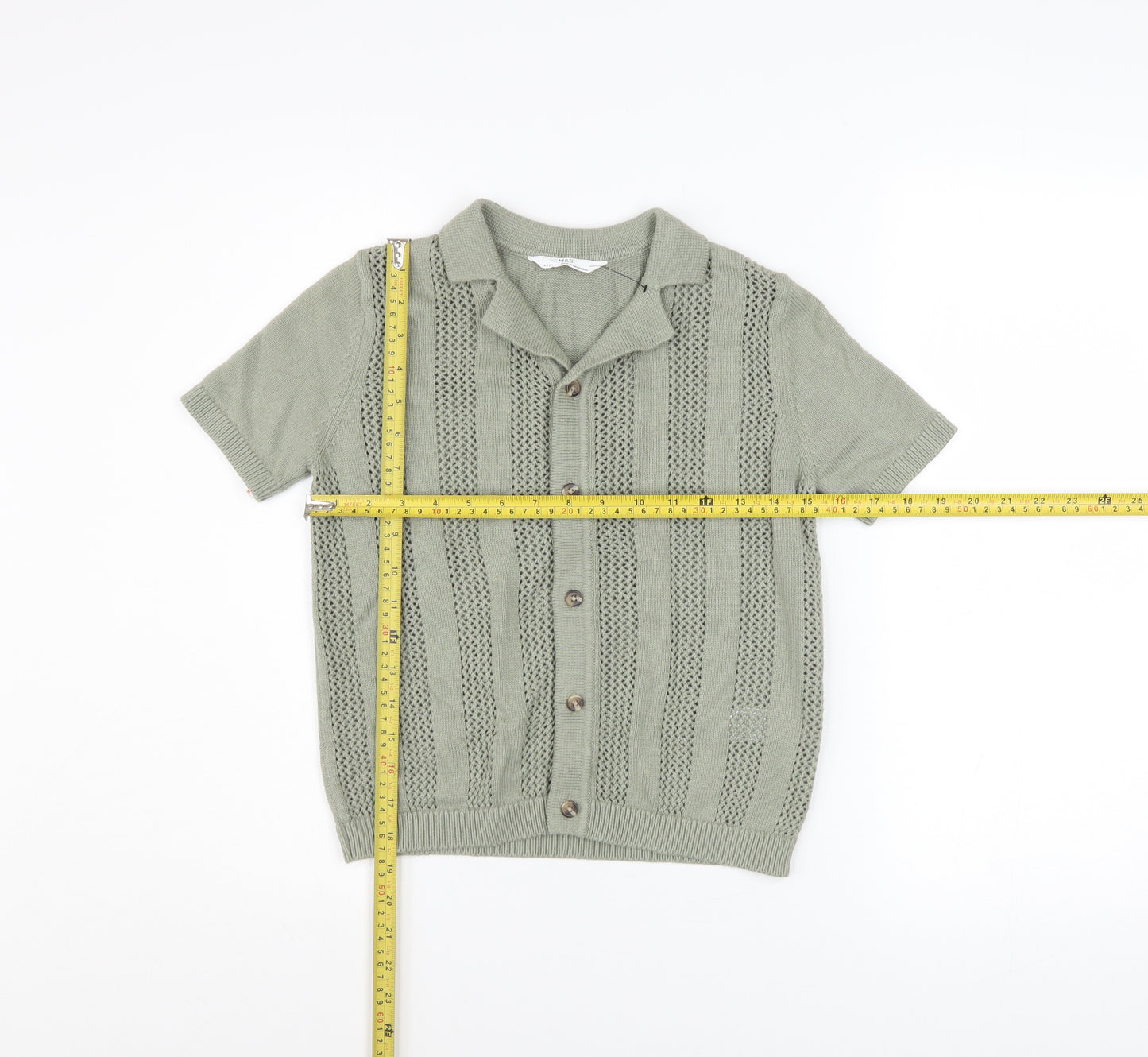 Marks and Spencer Boys Green 8-9 Years Cotton Button-Up Knit Shirt