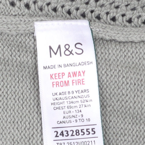 Marks and Spencer Boys Green 8-9 Years Cotton Button-Up Knit Shirt