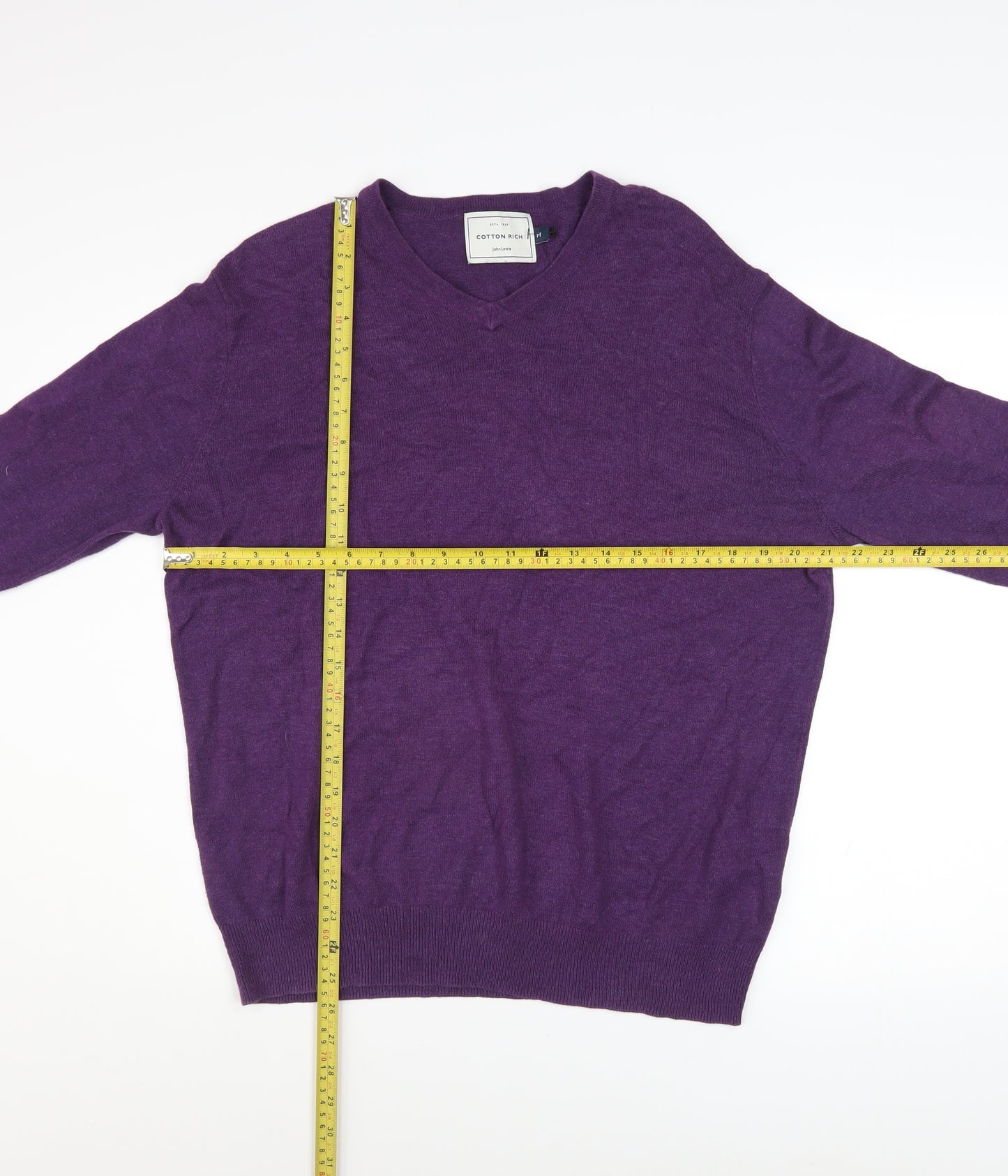 John Lewis Men's Purple Cotton Acrylic V-Neck Jumper M