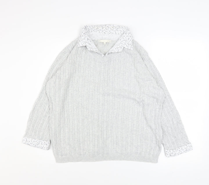 Jessica Graaf Womens Grey Size 16 V-Neck Cable Knit Cotton Jumper