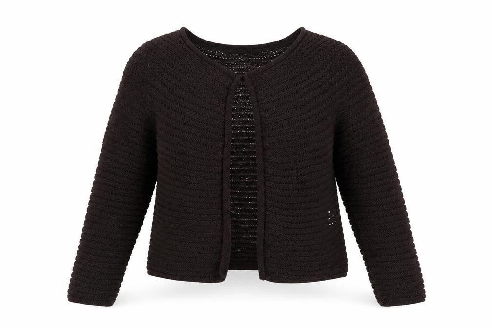 Front view of Precis Petite Women's Brown Open Knit Cardigan, size S, Petite