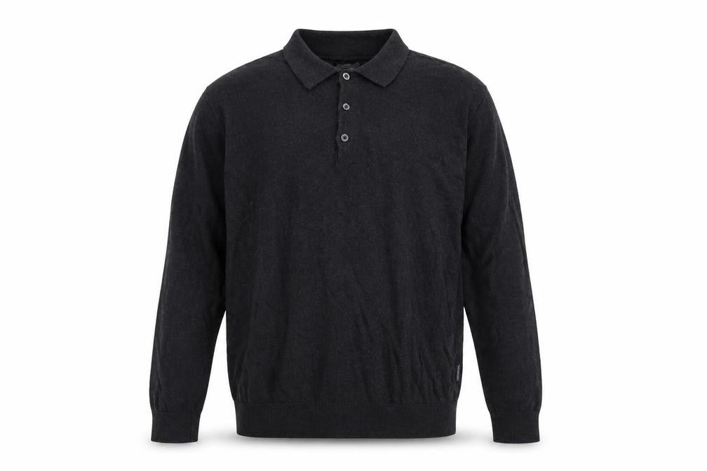 Front view of Peter Werth Men's Black Cotton Long Sleeve Button-Up Polo Shirt, size L