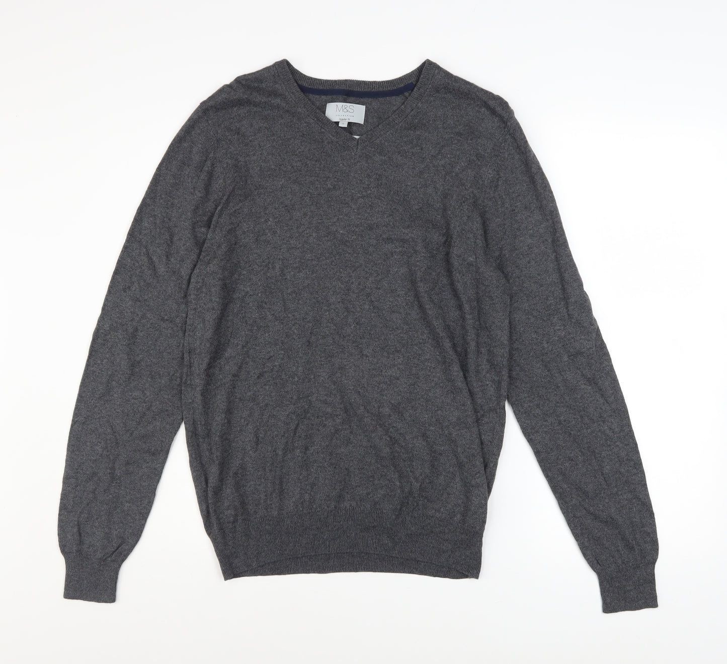 Marks and Spencer Men’s Grey V-Neck Cotton Blend Pullover Jumper S