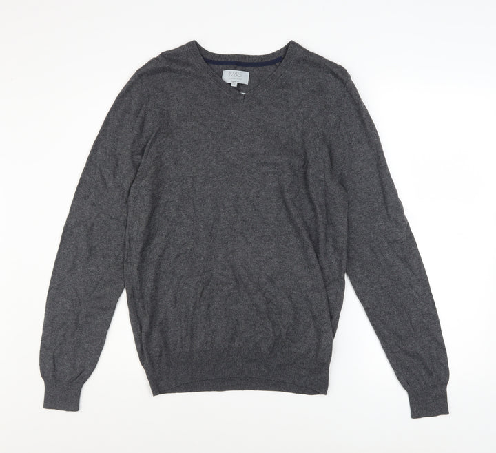 Marks and Spencer Men’s Grey V-Neck Cotton Blend Pullover Jumper S