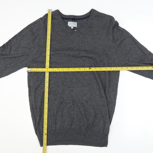Marks and Spencer Men’s Grey V-Neck Cotton Blend Pullover Jumper S