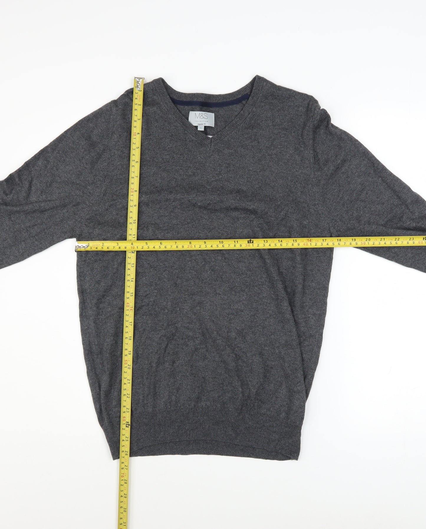 Marks and Spencer Men’s Grey V-Neck Cotton Blend Pullover Jumper S