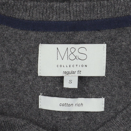 Marks and Spencer Men’s Grey V-Neck Cotton Blend Pullover Jumper S