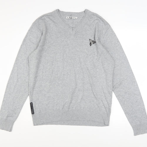 Henleys Men's Grey V-Neck Cotton Blend Pullover Jumper Size L