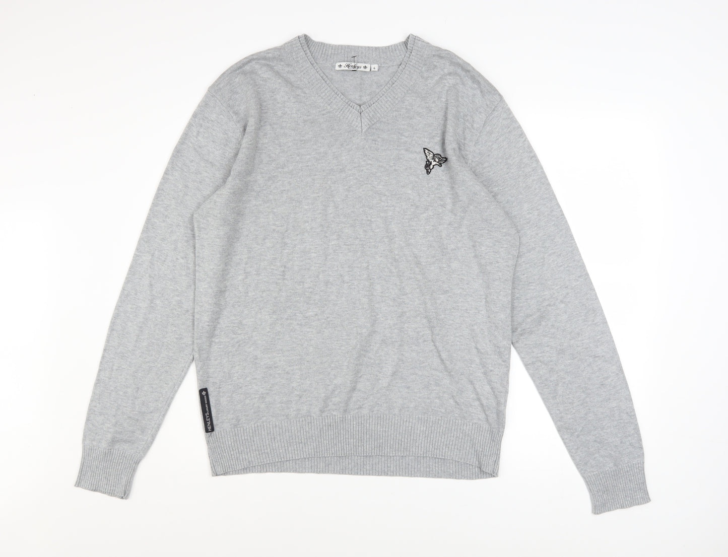 Henleys Men's Grey V-Neck Cotton Blend Pullover Jumper Size L