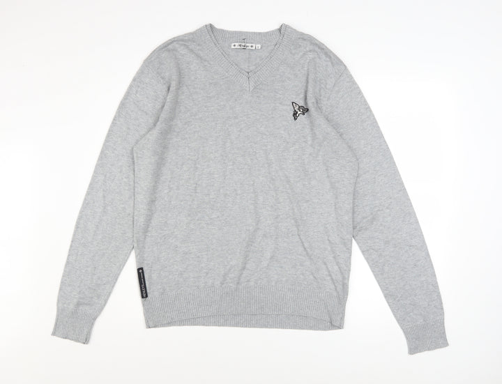 Henleys Men's Grey V-Neck Cotton Blend Pullover Jumper Size L